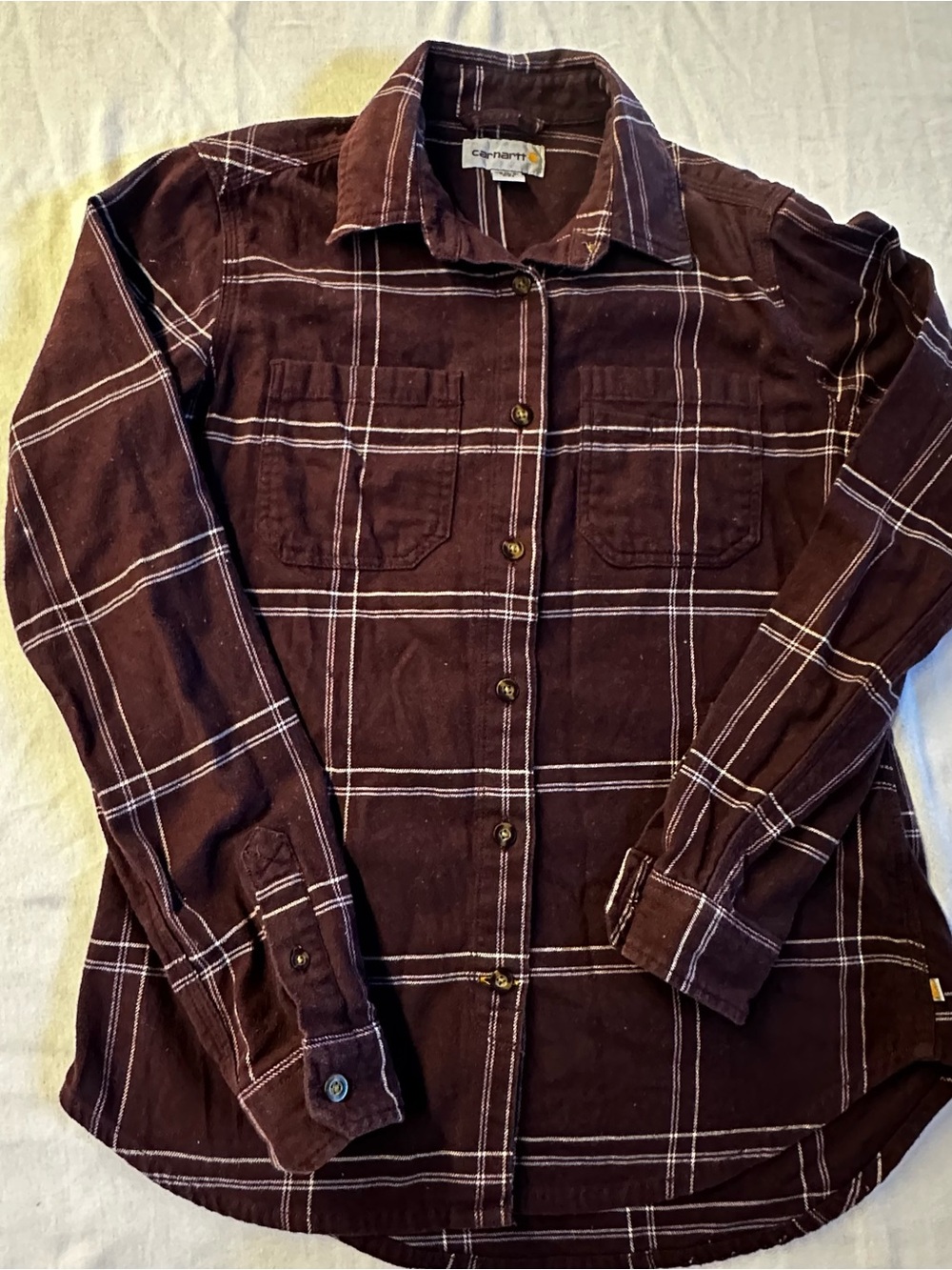 Carhartt Plaid Flannel Button Down Shirt Deep Plum Brown Women's Size XS 0/2